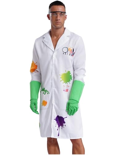 CHICTRY Verrückter Wissenschaftler Kostüm Herren Langarm Laborkittel Motiv Mit Handschuhe Und Brille 3tlg Halloween Rollenspiele Outfits Gr. M-XL Weiß XL von CHICTRY