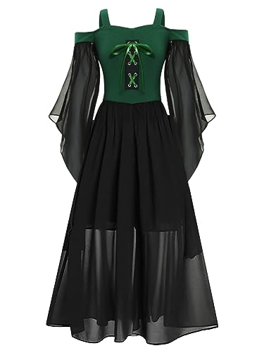 CHICTRY Viktorianisches Kleid Renaissance Kostüm Mädchen Gothic Hexenkleid Mittelalterliches Kleid Schulterfrei Partykleid Mit Trompetenärmel Kinderkostüm Grün 170 von CHICTRY