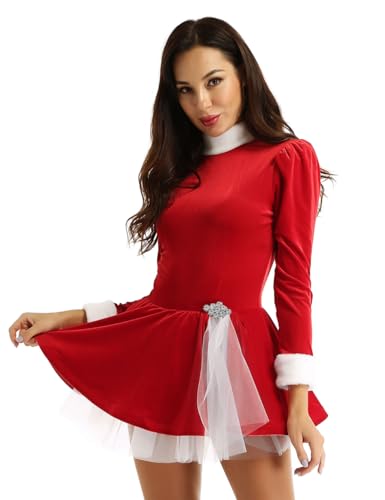 CHICTRY Weihnachtskleid Damen Sexy Rot Fellbesatz Santa Claus Kleid Mit Leder Gürtel Weihnachtsmütze Handschuhe 4tlg Weihnachtsfeier Outfit Rot B S von CHICTRY