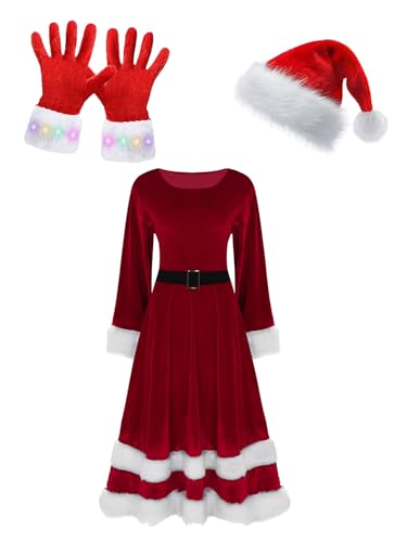 CHICTRY Weihnachtskostüm Damen Sexy Miss Santa Kleid Langarm/Ärmellos Samtkleid Mit Federbesatz Weihnachtsmütze Handschuhe Weihnachtsfeier Outfit C Rot 3XL von CHICTRY