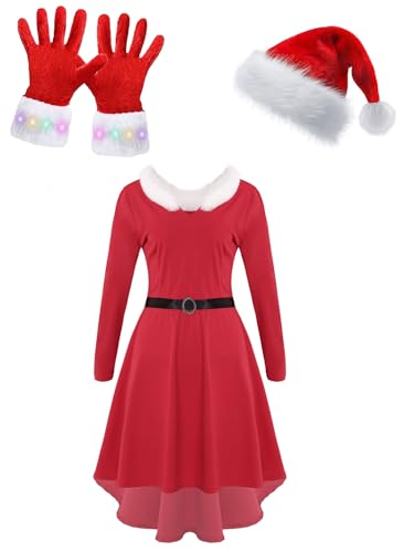 CHICTRY Weihnachtskostüm Damen Sexy Miss Santa Kleid Langarm/Ärmellos Samtkleid Mit Federbesatz Weihnachtsmütze Handschuhe Weihnachtsfeier Outfit D Rot 4XL von CHICTRY