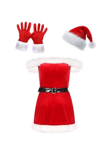 CHICTRY Weihnachtskostüm Damen Sexy Miss Santa Kleid Langarm/Ärmellos Samtkleid Mit Federbesatz Weihnachtsmütze Handschuhe Weihnachtsfeier Outfit E Rot L von CHICTRY