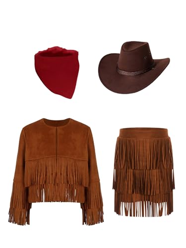 CHICTRY Western Kostüm Kinder Mädchen Langarm Fransenjacke + Quasten Wildleder Rock + Bandana Kopftuch + Cowboyhut Hippie Outfit Für Fasching Karneval Braun 170 von CHICTRY