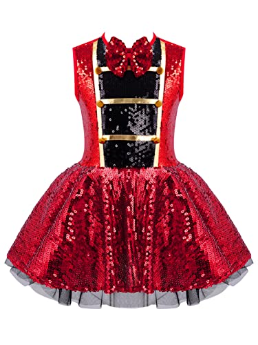 CHICTRY Zirkus Akrobatik Kostüm Kinder Mädchen Pailletten Kleid Festlich Partykleid A Linien Tutu Mit Schleife Marching Band Uniform Kinderkostüm Rot 146-152 von CHICTRY