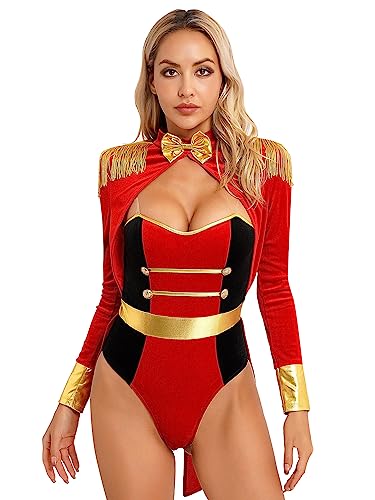 CHICTRY Zirkus Artistin Kostüm Damen Frack Body Langarm Fransen Quasten Catsuit Cut Out Leotard Ringmaster Uniform Für Fasching Karneval Mottoparty Rot XL CHICTRY Zirkus Artistin Kostüm Damen Frack Body Langarm Fransen Quasten Catsuit Cut Out Leotard Ringmaster Uniform Für Fasching Karneval Mottoparty Rot XL von CHICTRY