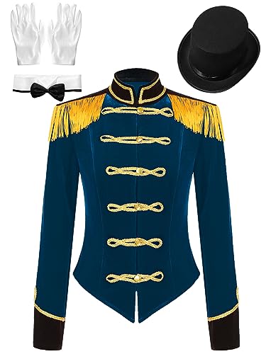 CHICTRY Zirkus Kostüm Damen Jacke Langarm Samt Blazer Fransen Quasten Frack Mantel Mit Schleife Handschuhe Hut Marching Band Uniform Dunkelblau S CHICTRY Zirkus Kostüm Damen Jacke Langarm Samt Blazer Fransen Quasten Frack Mantel Mit Schleife Handschuhe Hut Marching Band Uniform Dunkelblau S von CHICTRY