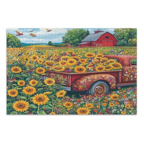 1000 Teile Puzzle, Sonnenblumenfeld, roter LKW, Land, lustiges Puzzle, weißer Elefant, Geschenkideen, fertige Größe 75 x 50 cm 1000 Teile Puzzle, Sonnenblumenfeld, roter LKW, Land, lustiges Puzzle, weißer Elefant, Geschenkideen, fertige Größe 75 x 50 cm von CHIFIGNO