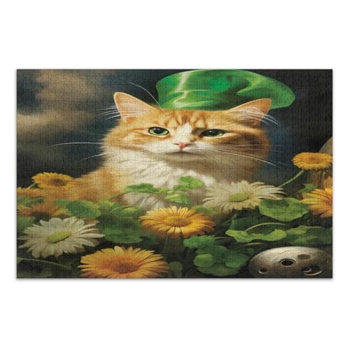 1000 Teile Puzzle, St. Patrick's Day Katze mit Sonnenblumen, einzigartige Puzzles, tolle Geschenkidee für Feiertage, fertige Größe 75 x 50 cm von CHIFIGNO