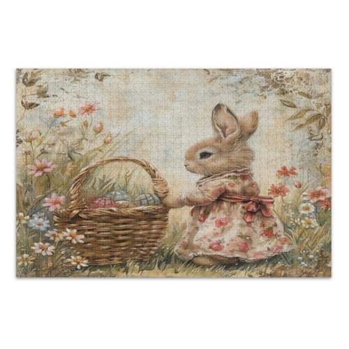 1000 Teile Puzzle, Vintage Osterhase mit Blumen Schwierige Puzzles Herausfordernde Familienaktivität, Fertige Größe 29,5 x 19,7 Zoll von CHIFIGNO