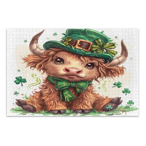 1000 Teile Puzzle, niedliches St. Patrick's Day Highland Cow Cool Puzzles Wunderbare Puzzle Geschenke für Frauen Männer, Fertige Größe 75 x 50 cm von CHIFIGNO