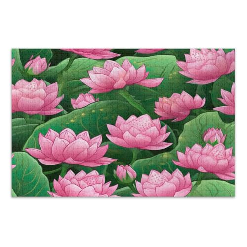 1000 Teile Puzzle, rosa Lotusblumen mit grünen Blättern, einzigartige Puzzles zum Schulabschluss oder Geburtstag, fertige Größe 75 x 50 cm von CHIFIGNO