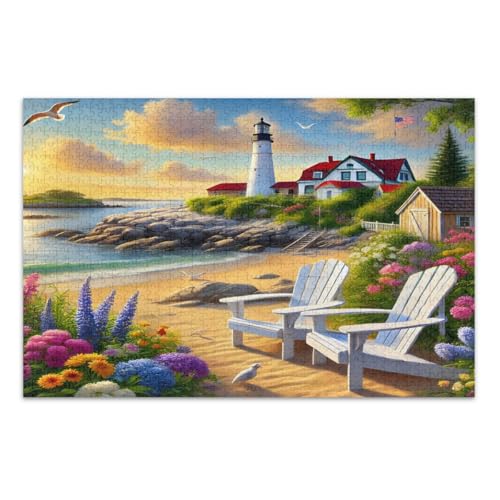1000 Teile Puzzle Erwachsene Strandszenen Stühle Leuchtturm Blumen Lustige und Bunte Puzzle Heimdekoration Fertiggröße 75x50cm von CHIFIGNO