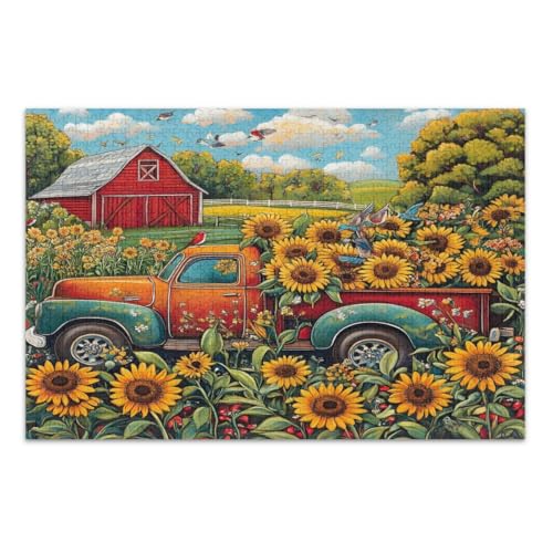 1000 Teile Puzzle Vintage Roter Sonnenblumen-LKW Familienfeld Puzzle Elefant weiß Geschenkideen, fertige Größe 29,5 x 19,7 Zoll von CHIFIGNO