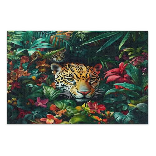 1000 Teile Puzzle für Erwachsene, Leopard Tropische Blumen, Lustige Puzzles, Spaß und Bunte Kunstwerk, Heimdekoration, Fertiggröße 69,5 x 49,7 cm von CHIFIGNO