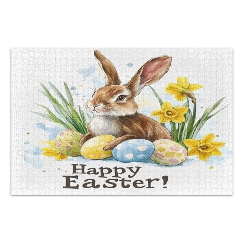 1000 Teile Puzzle für Erwachsene, Osterhase Eier Gelbe Blumen Familie Puzzle Spaß Spiel für Männer Frauen, Fertige Größe 29,5 x 19,7 Zoll von CHIFIGNO