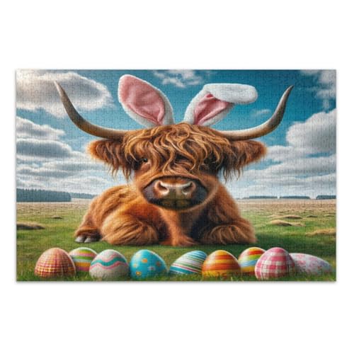 1000 Teile Puzzle für Erwachsene, Ostern Cute Highland Cow Bunte Eier Einzigartige Puzzles Herausforderndes Puzzle für Spielabende, Fertige Größe 75 x 50 cm von CHIFIGNO
