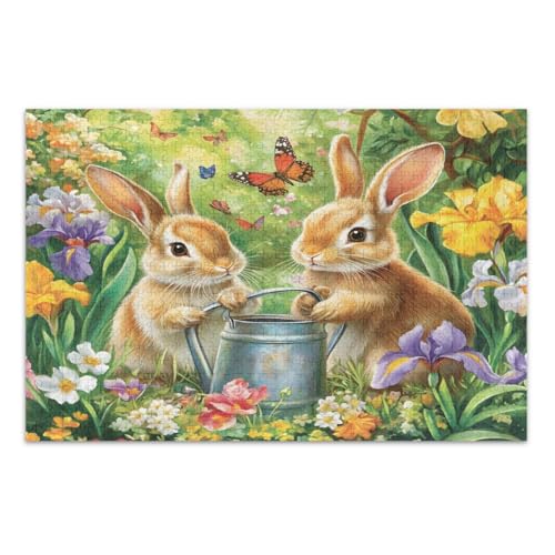 1000 Teile Puzzles, Frühlingsszene Hasen Blumen Lustige Puzzles Weißer Elefant Geschenkideen, Fertige Größe 29,5 x 19,7 Zoll von CHIFIGNO