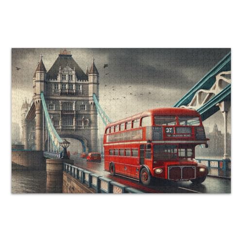 1000 Teile Puzzles, London Bridge Red Bus Einzigartige Puzzles Herausforderndes Puzzle für Spieleabende, Fertige Größe 29,5 x 19,7 Zoll von CHIFIGNO