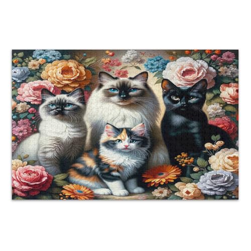 1000 Teile Puzzles, Vier Katzen mit Blumen Lustiges Puzzle Herausfordernde Familienaktivität, Fertige Größe 20,5 x 14,9 Zoll von CHIFIGNO