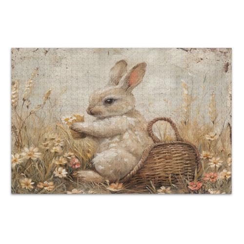 1000 Teile Puzzles, Vintage Osterhase mit Blumen, einzigartige Puzzles zum Schulabschluss oder Geburtstag, fertige Größe 75 x 50 cm von CHIFIGNO