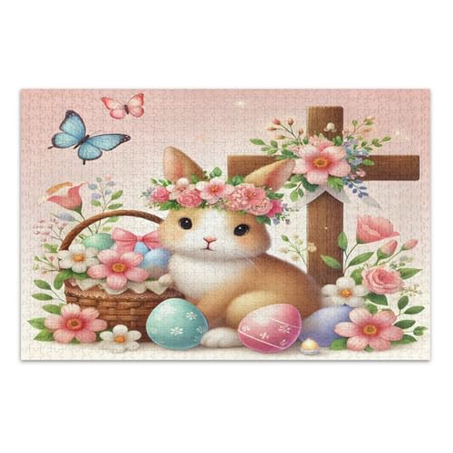 1000 Teile Puzzles, niedliche Kaninchen bunte Blumeneier coole Puzzles herausforderndes Puzzle für Spieleabende, Fertiggröße 79,5 x 49,7 cm von CHIFIGNO