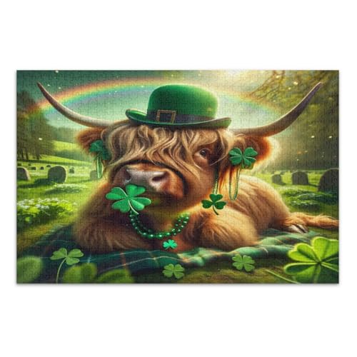 1000 Teile Puzzles, niedliches St. Patrick's Day Highland Cow Green schwierige Puzzles lustiges Spiel für Männer Frauen, fertige Größe 29,5 x 19,7 Zoll 1000 Teile Puzzles, niedliches St. Patrick's Day Highland Cow Green schwierige Puzzles lustiges Spiel für Männer Frauen, fertige Größe 29,5 x 19,7 Zoll von CHIFIGNO