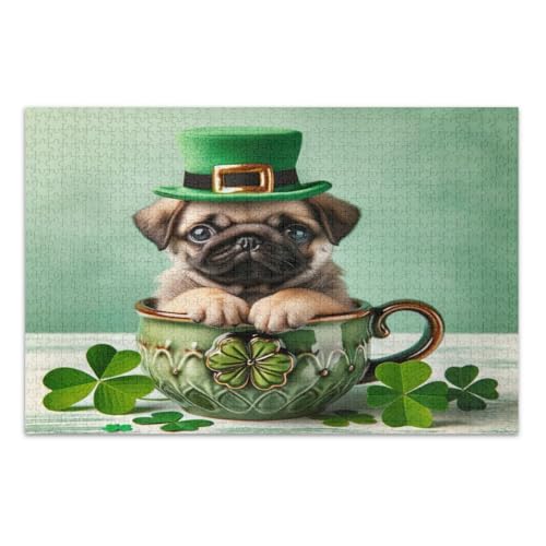 1000 Teile Puzzles für Erwachsene, Niedlicher Mops Welpe Hund Einzigartige Puzzles Weißer Elefant Geschenkideen, Fertige Größe 29,5 x 19,7 Zoll von CHIFIGNO
