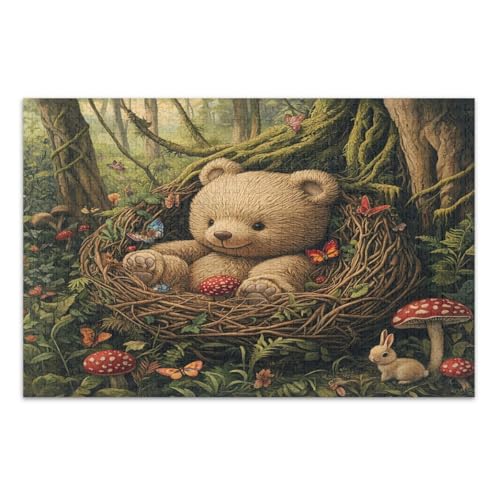 1000 Teile Puzzles für Erwachsene, Niedliches Bärennest Blumen Pilze Familie Puzzles Herausforderndes Puzzle für Spieleabende, Fertige Größe 29,5 x 19,7 Zoll von CHIFIGNO