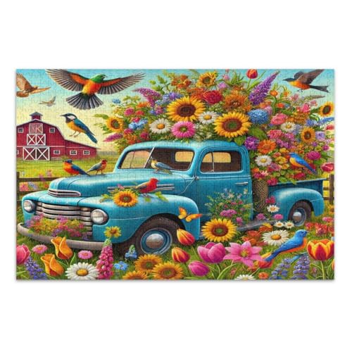 1000 Teile Puzzles für Erwachsene, Vintage Blue Truck Bunte Blumen Vögel Familie Puzzles Herausfordernde Familienaktivität, Fertige Größe 75 x 50 cm 1000 Teile Puzzles für Erwachsene, Vintage Blue Truck Bunte Blumen Vögel Familie Puzzles Herausfordernde Familienaktivität, Fertige Größe 75 x 50 cm von CHIFIGNO