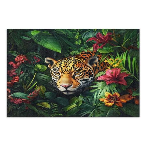 1000 Teile Puzzles für Erwachsene, tropische Blumen Leopard lustige Puzzles Spaß und bunte Wandkunst, fertig Größe 69,5 x 49,7 cm von CHIFIGNO