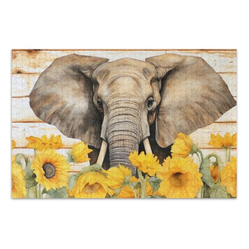 1000-teiliges Puzzle, Aquarell-Elefant mit Sonnenblumen, Familienpuzzle, lustiges Spiel für Männer und Frauen, fertige Größe 75 x 50 cm von CHIFIGNO