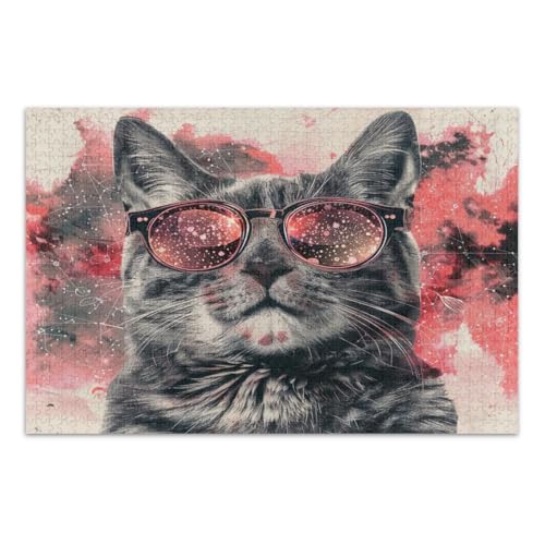 1000-teiliges Puzzle, Katze mit Sonnenbrille, coole Puzzles zum Schulabschluss oder Geburtstag, fertige Größe 75 x 50 cm von CHIFIGNO