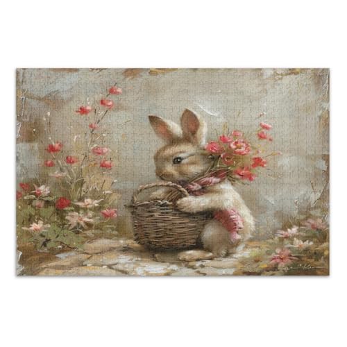 1000-teiliges Puzzle, Osterhase mit Korb und Blumen, Familienpuzzle, lustiges und farbenfrohes Kunstwerk, fertige Größe 75 x 50 cm von CHIFIGNO