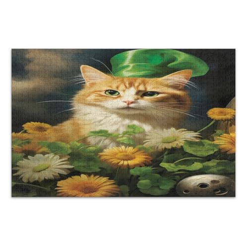 1000-teiliges Puzzle, St. Patrick's Day Katze mit Sonnenblumen, lustiges Puzzle, lustiges und farbenfrohes Kunstwerk, Heimdekoration, fertige Größe 75 x 50 cm von CHIFIGNO