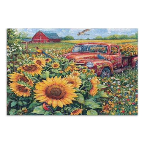 1000-teiliges Puzzle, Vintage-Puzzle, rote LKW-Sonnenblumen, Feld, coole Puzzles, lustige und farbenfrohe Kunstwerke, Heimdekoration, fertige Größe 75 x 50 cm 1000-teiliges Puzzle, Vintage-Puzzle, rote LKW-Sonnenblumen, Feld, coole Puzzles, lustige und farbenfrohe Kunstwerke, Heimdekoration, fertige Größe 75 x 50 cm von CHIFIGNO