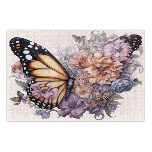1000-teiliges Puzzle, bunte Schmetterlings-Blumen, Familienpuzzle, lustige und farbenfrohe Wandkunst, fertige Größe 75 x 50 cm von CHIFIGNO
