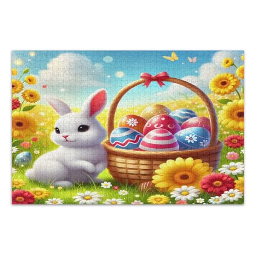 1000-teiliges Puzzle, niedliche Kaninchen, bunte Eier, Blumen, einzigartiges Puzzle, lustiges Spiel für Männer und Frauen, fertige Größe 75 x 50 cm von CHIFIGNO