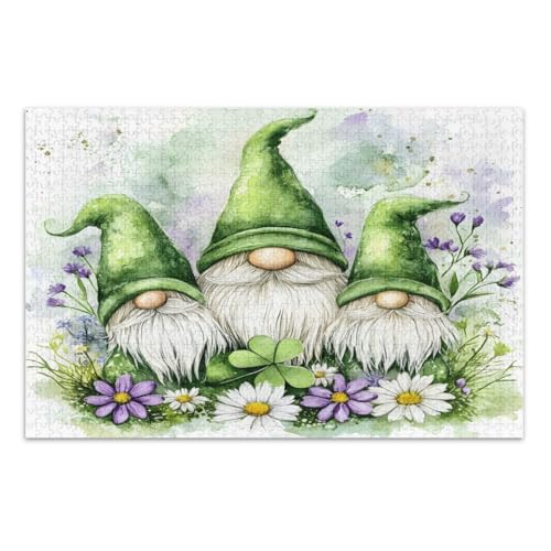 1000-teiliges Puzzle für Erwachsene, Aquarell, St. Patrick's Day, Zwerg, Blumen, Familienpuzzle, lustiges und farbenfrohes Kunstwerk, fertige Größe 75 x 50 cm von CHIFIGNO