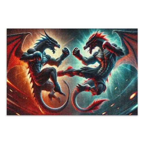 1000-teiliges Puzzle für Erwachsene, Drachen kämpfen, einzigartige Puzzles, lustige und farbenfrohe Wandkunst, fertige Größe 75 x 50 cm von CHIFIGNO