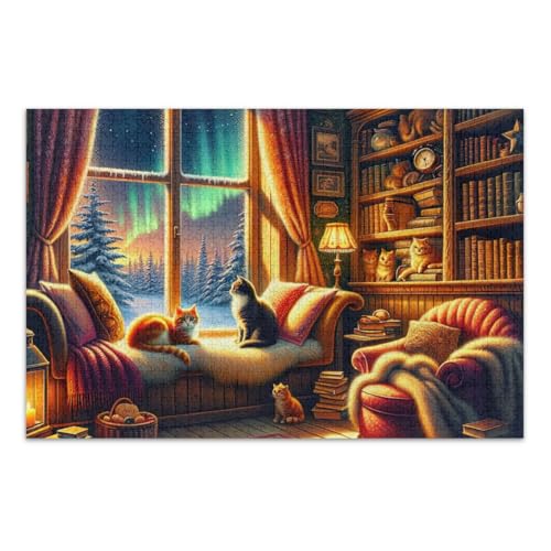 1000-teiliges Puzzle für Erwachsene, Retro-Winter-Leseecke, zwei Katzen, einzigartige Puzzles, lustige und farbenfrohe Kunstwerke, Heimdekoration, fertige Größe 75 x 50 cm von CHIFIGNO