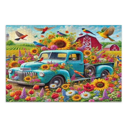 1000-teiliges Puzzle für Erwachsene, Vintage-Stil, blauer LKW, bunte Blumen, Vögel, einzigartige Puzzles, lustige und farbenfrohe Kunstwerke, fertige Größe 75 x 50 cm 1000-teiliges Puzzle für Erwachsene, Vintage-Stil, blauer LKW, bunte Blumen, Vögel, einzigartige Puzzles, lustige und farbenfrohe Kunstwerke, fertige Größe 75 x 50 cm von CHIFIGNO