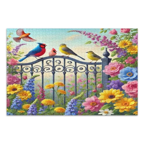 1000-teiliges Puzzle für Erwachsene, bunte Gartenszene, Vögel, Blumen, Familienpuzzles, weißer Elefant, Geschenkideen, fertige Größe 75 x 50 cm von CHIFIGNO
