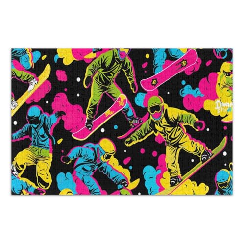1000-teiliges Puzzle für Erwachsene, buntes Neon-Ski-Familien-Puzzle, pädagogisches intellektuelles Puzzle, fertige Größe 75 x 50 cm von CHIFIGNO