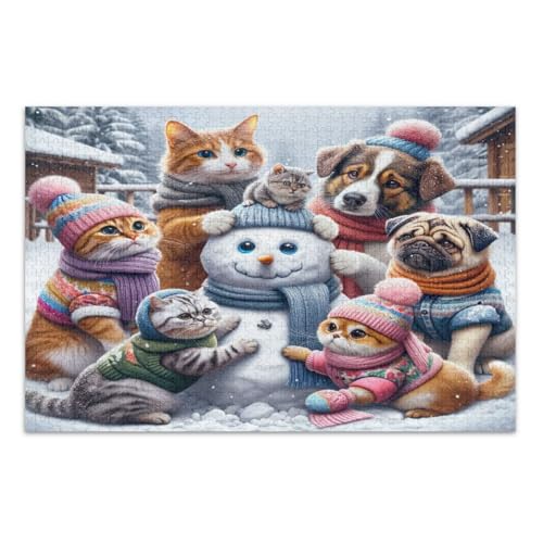 1000-teiliges Puzzle für Erwachsene, niedliche Katzen, Schneemann, lustiges und farbenfrohes Kunstwerk, fertige Größe 75 x 50 cm von CHIFIGNO