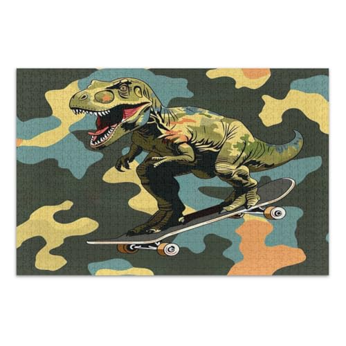 500 Teile Puzzles, Dinosaurier spielen Skateboard Camouflage Einzigartige Puzzles Spaß Spiel für Männer Frauen Fertige Größe 20,5 x 14,9 Zoll von CHIFIGNO