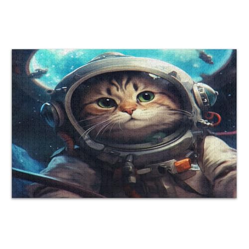 500 Teile Puzzles für Erwachsene, Lustige Astronaut Katze Familie Puzzles Tolle Geschenkidee für Feiertage, Fertige Größe 20,5 x 14,9 Zoll von CHIFIGNO