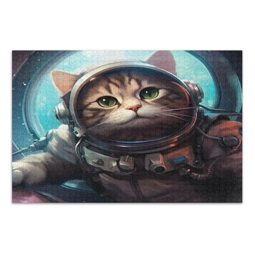 500 Teile Puzzles für Erwachsene, Lustige Astronaut Katze Lustige Puzzles Pädagogisches Intellektuelles Puzzle, Fertige Größe 20,5 x 14,9 Zoll von CHIFIGNO