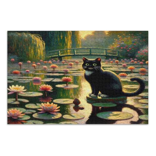 500-teiliges Puzzle, lustige schwarze Katze mit Seerosen, einzigartige Puzzles, lustige und farbenfrohe Kunstwerke, fertige Größe 50,5 x 37,8 cm von CHIFIGNO