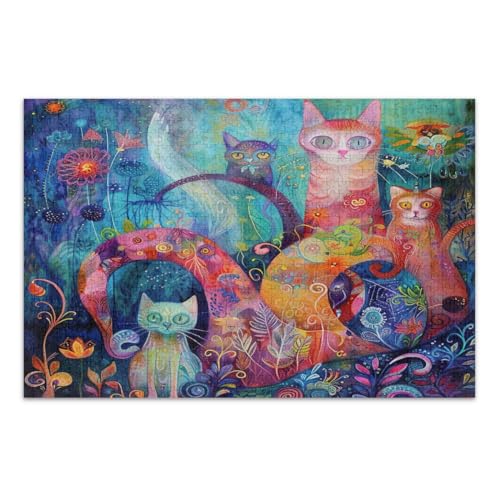 500-teiliges Puzzle für Erwachsene, abstrakte Katzen, lustiges Puzzle, lustiges und farbenfrohes Kunstwerk, Heimdekoration, fertige Größe 50,5 x 37,8 cm von CHIFIGNO