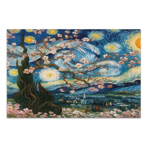 Almond Blossom in Sternennacht Puzzles 1000 Teile, coole Puzzles, lustige und farbenfrohe Wandkunst, fertige Größe 75 x 50 cm von CHIFIGNO